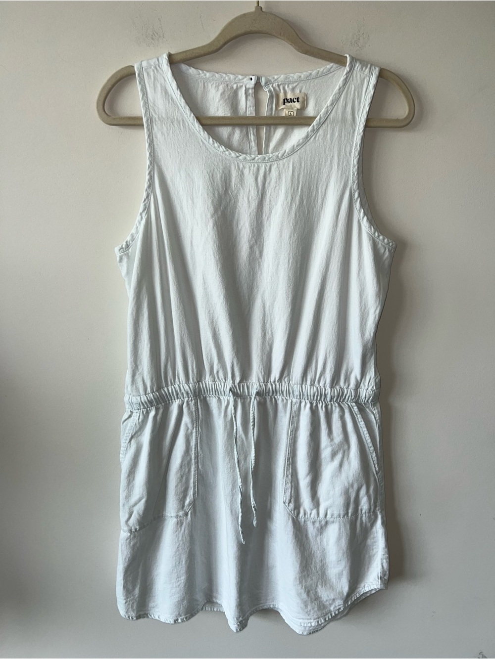 Pact White Sleeveless Tank Drawstring Mini Dress Front Pockets Organic Cotton